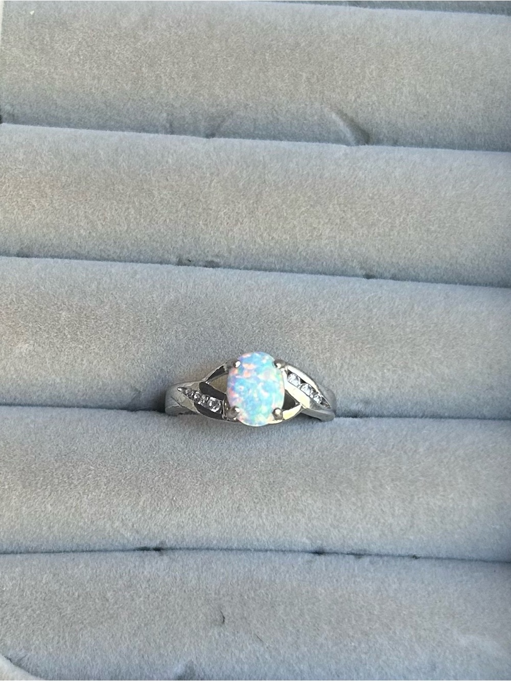 Sterling Opal Oval Solitaire Ring - Iridescent White Opal